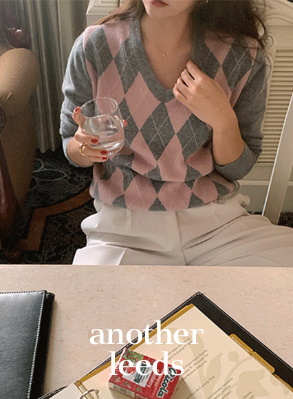 [another leeds] 아가일 knit (wool 70%)_그레이핑크